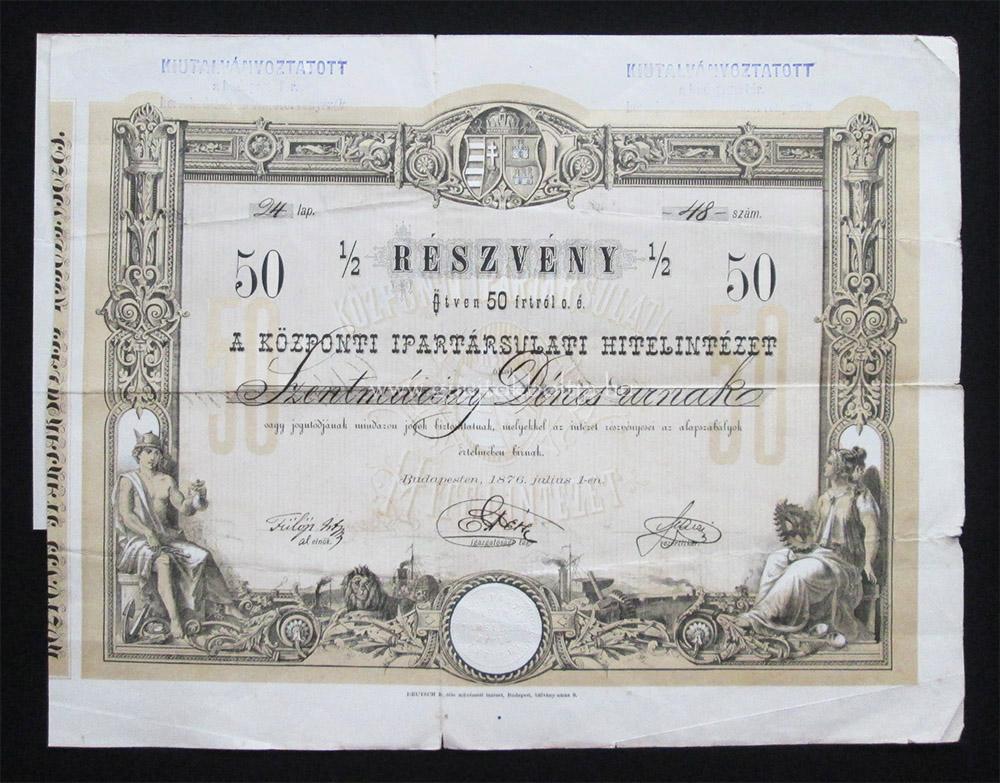 Központi Ipartársulati Hitelintézet 1/2 részvény 50 forint 1876